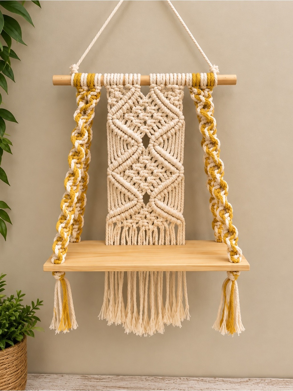 Boho Macramé Hanging Wall Shelf Cream & Mustard Yellow